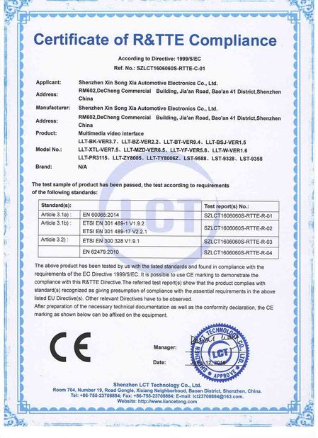 China Shenzhen Xinsongxia Automobile Electron Co.,Ltd Zertifizierungen